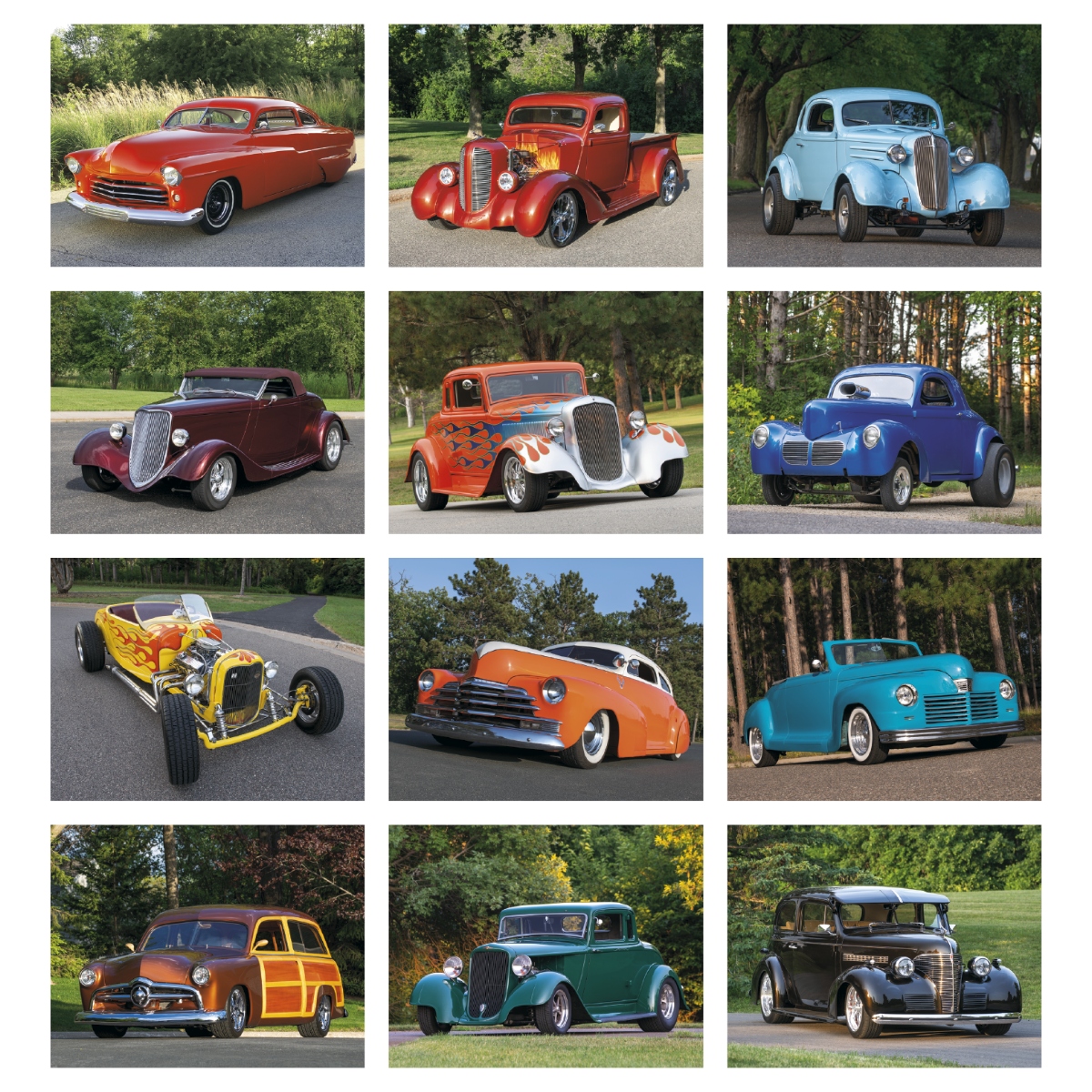 Hot rod wall calendar featuring powerful classic cars, custom vehicles, and high-quality automotive photography.