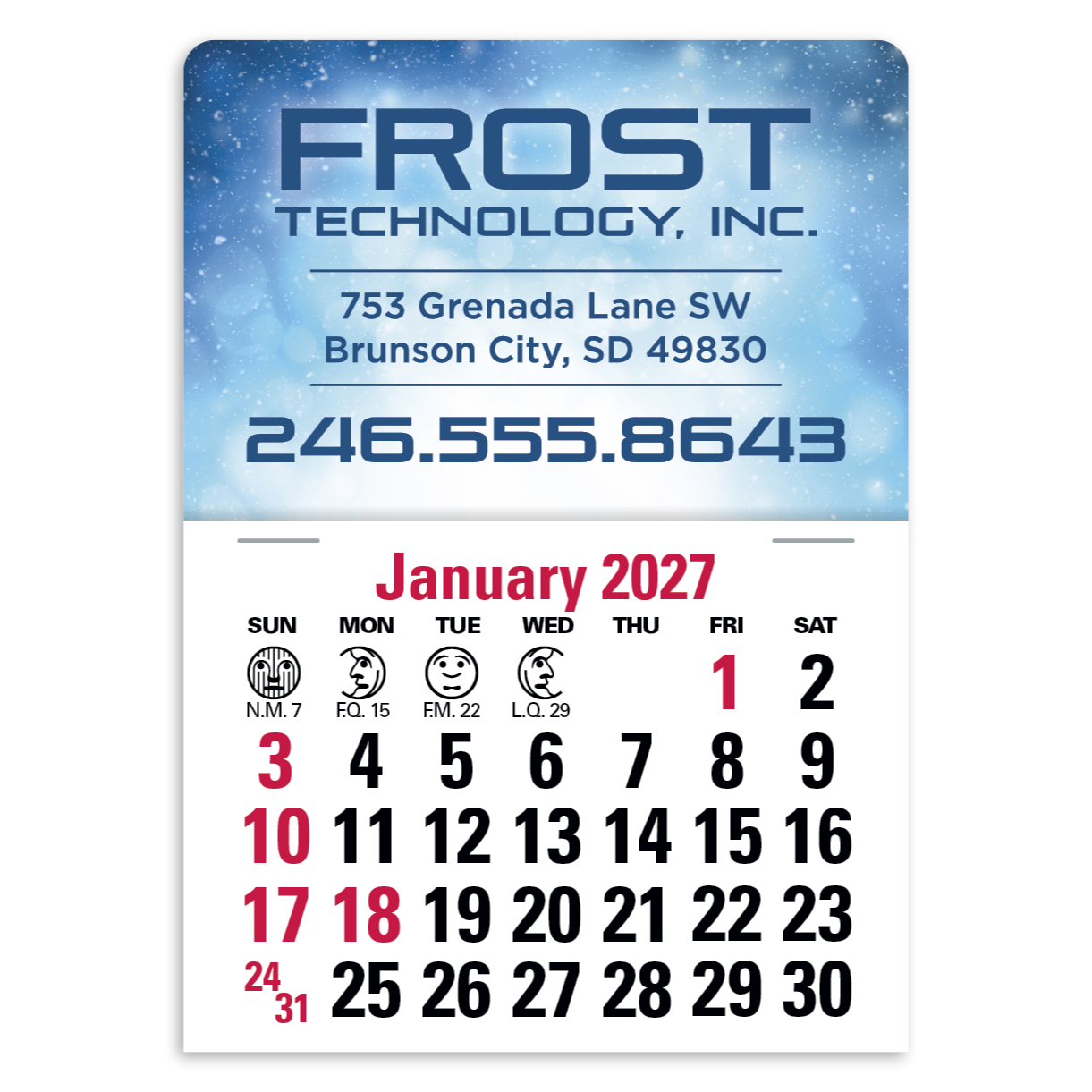 Full Color Stick Up, English Grid Calendar featuring a full-color header, adhesive stick-up backing, 14-month English calendar grid, glossy paper stock, and a compact wall calendar design for homes, offices, and promotional displays.