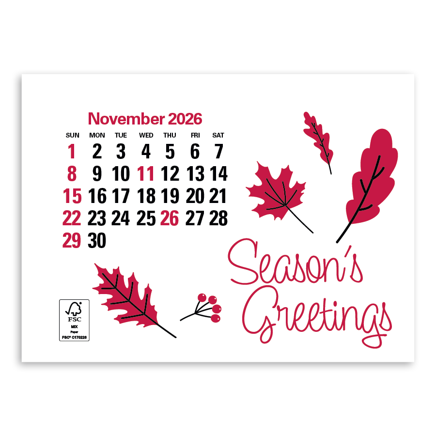 Full Color Stick Up, English Grid Calendar featuring a full-color header, adhesive stick-up backing, 14-month English calendar grid, glossy paper stock, and a compact wall calendar design for homes, offices, and promotional displays.