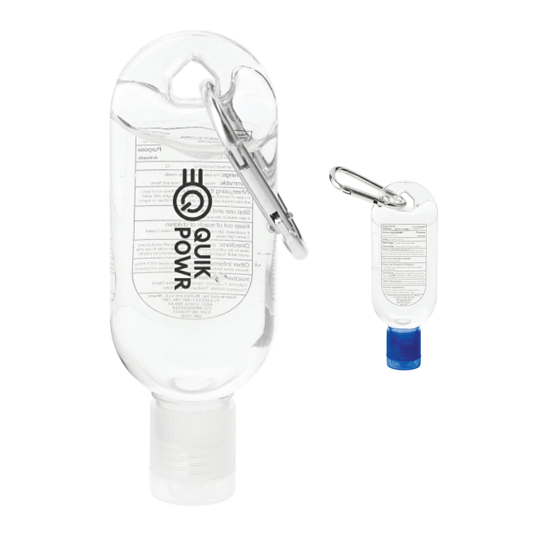 Clear and Royal Clip-N-Go Hand Sanitizer - 1 oz. in a compact plastic bottle with a flip-top lid, matching metal mini carabiner clip, and portable design for attaching to bags, backpacks, or keychains, ideal for personal hygiene on the go and promotional giveaways.