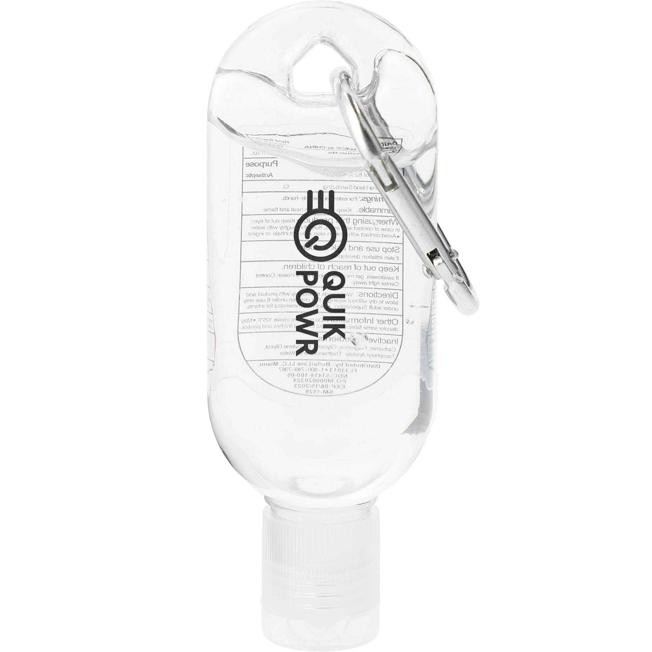 Clear Clip-N-Go Hand Sanitizer - 1 oz. in a compact plastic bottle with a flip-top lid, matching metal mini carabiner clip, and portable design for attaching to bags, backpacks, or keychains, ideal for personal hygiene on the go and promotional giveaways.