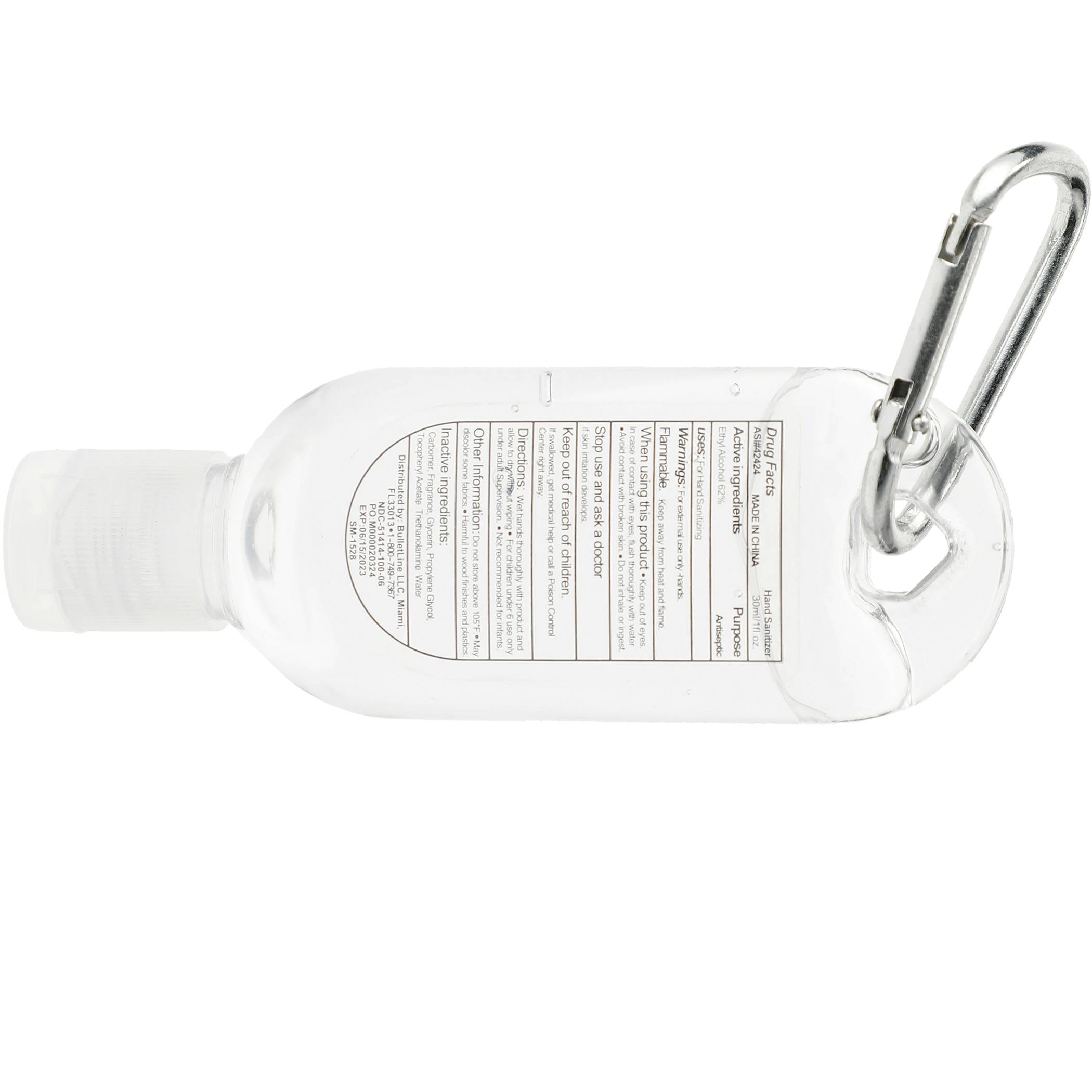 Clear Clip-N-Go Hand Sanitizer - 1 oz. in a compact plastic bottle with a flip-top lid, matching metal mini carabiner clip, and portable design for attaching to bags, backpacks, or keychains, ideal for personal hygiene on the go and promotional giveaways.