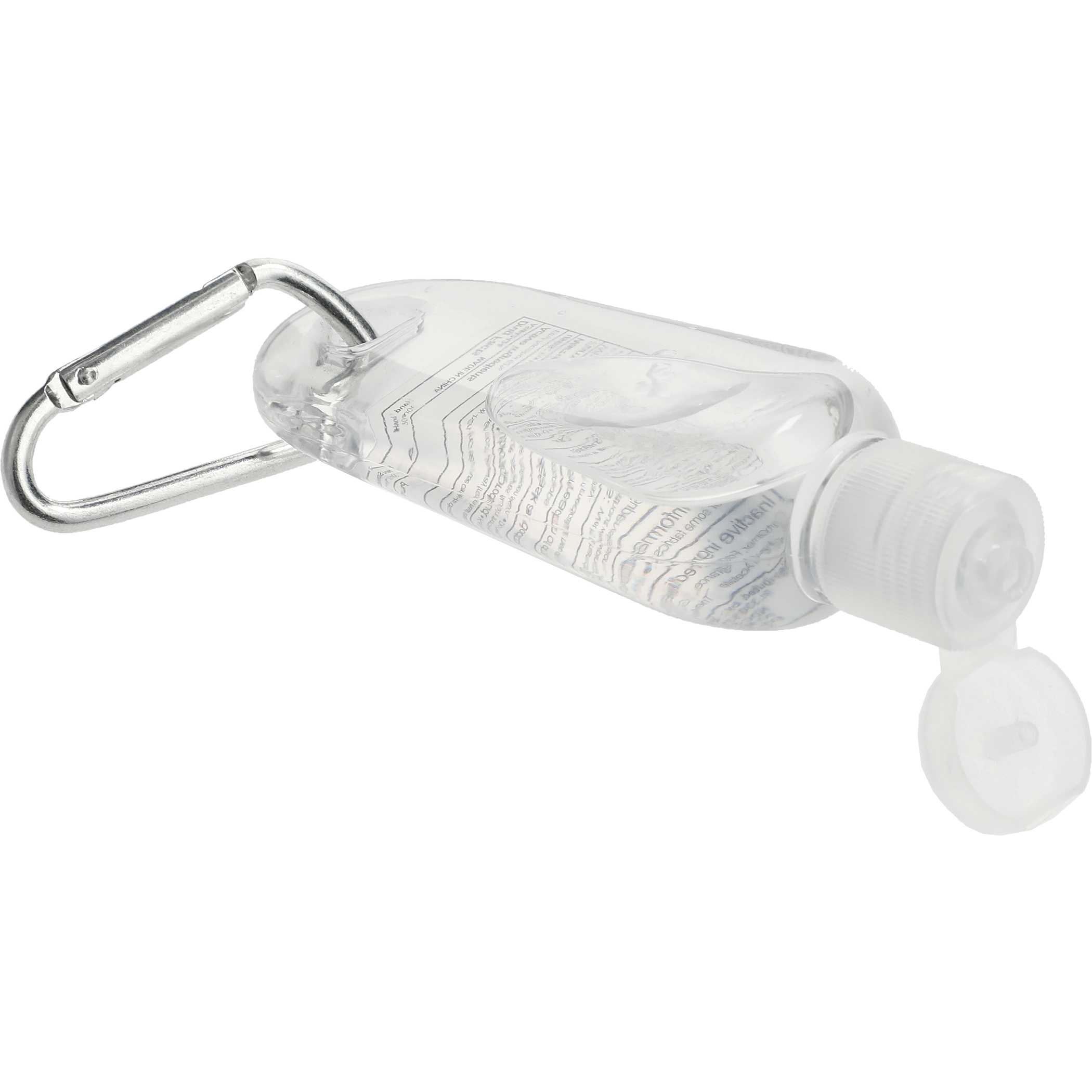 Clear Clip-N-Go Hand Sanitizer - 1 oz. in a compact plastic bottle with a flip-top lid, matching metal mini carabiner clip, and portable design for attaching to bags, backpacks, or keychains, ideal for personal hygiene on the go and promotional giveaways.