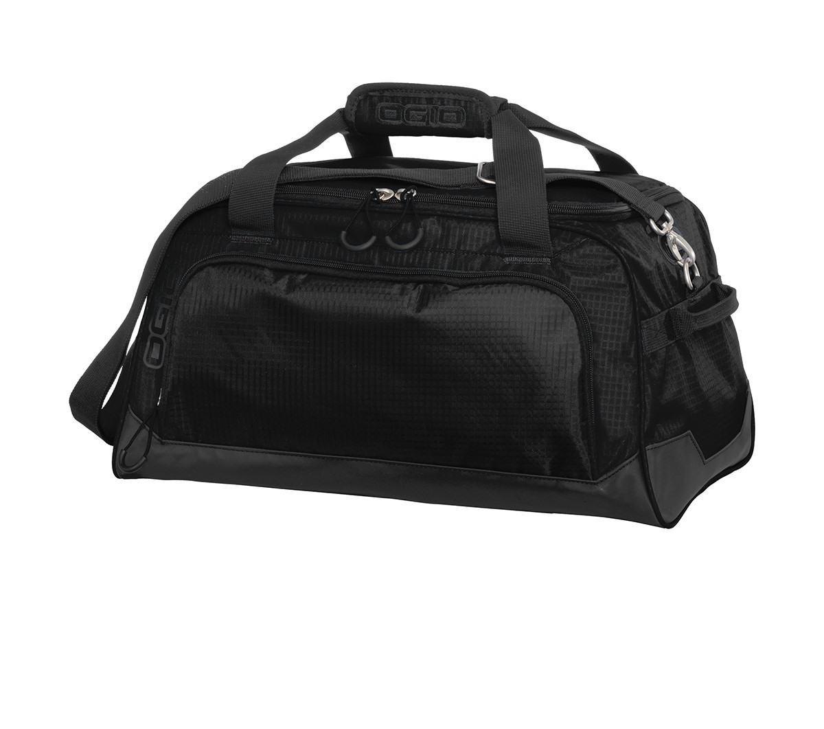Black and black durable promotional duffel bag with a large U-shaped main compartment, front zippered pocket, padded carrying handles, detachable adjustable shoulder strap, and water-resistant bottom.