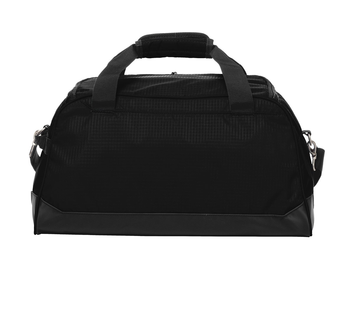 Black and black durable promotional duffel bag with a large U-shaped main compartment, front zippered pocket, padded carrying handles, detachable adjustable shoulder strap, and water-resistant bottom.