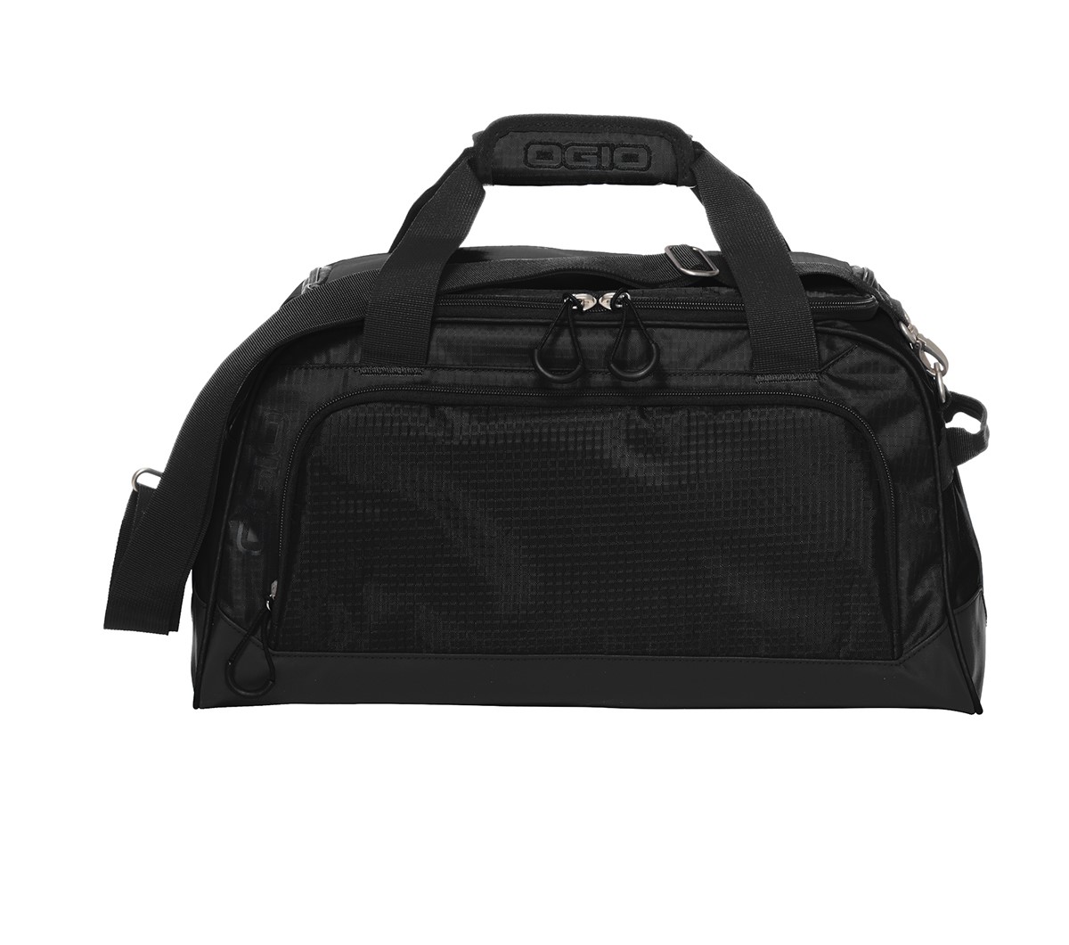 Black and black durable promotional duffel bag with a large U-shaped main compartment, front zippered pocket, padded carrying handles, detachable adjustable shoulder strap, and water-resistant bottom.