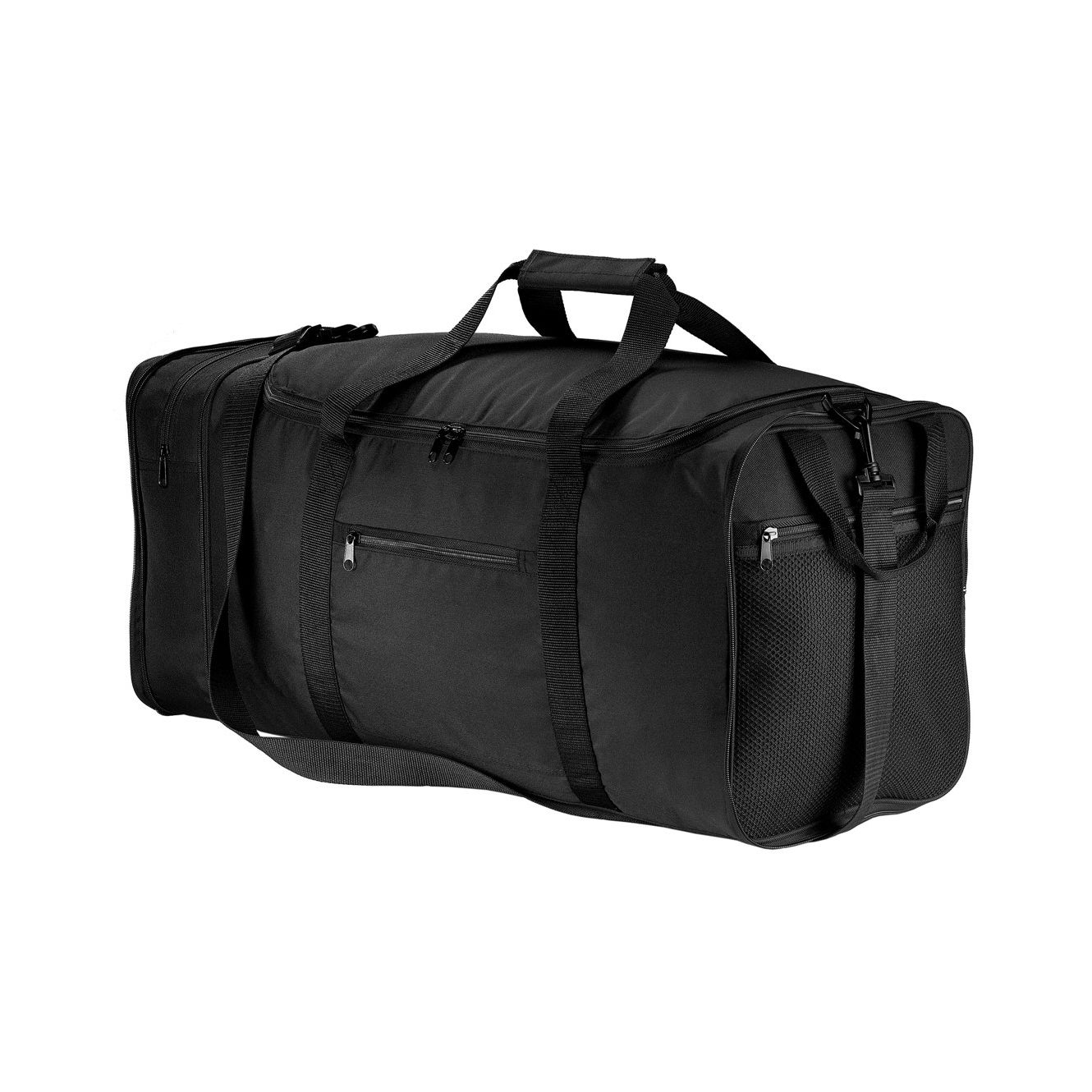 Black packable travel duffel bag made from durable polyester with a large main compartment, multiple zippered pockets, mesh end pocket, and detachable adjustable shoulder strap.