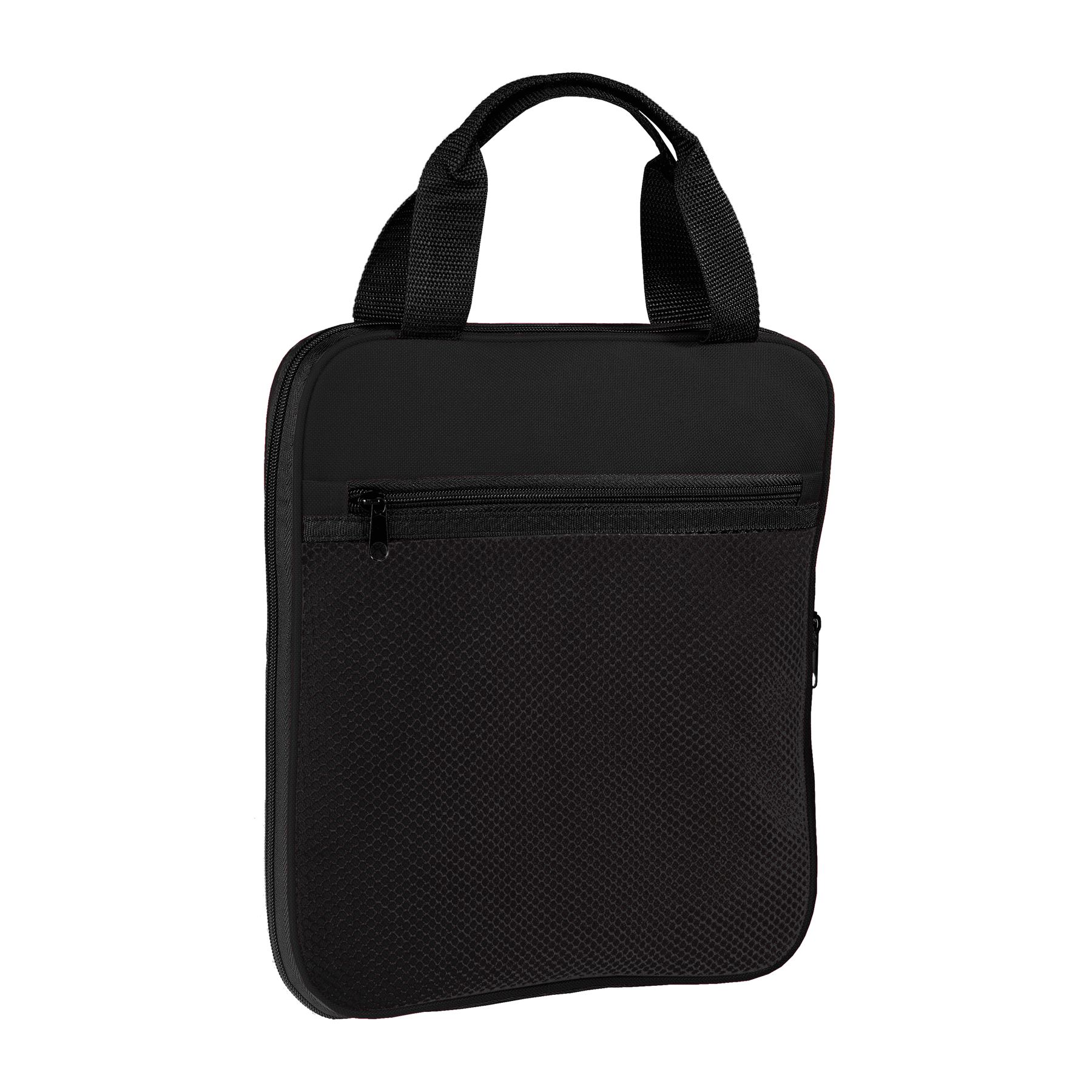 Black packable travel duffel bag made from durable polyester with a large main compartment, multiple zippered pockets, mesh end pocket, and detachable adjustable shoulder strap.