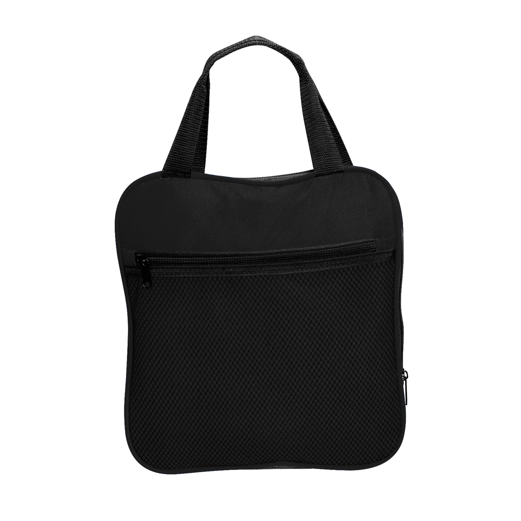 Black packable travel duffel bag made from durable polyester with a large main compartment, multiple zippered pockets, mesh end pocket, and detachable adjustable shoulder strap.
