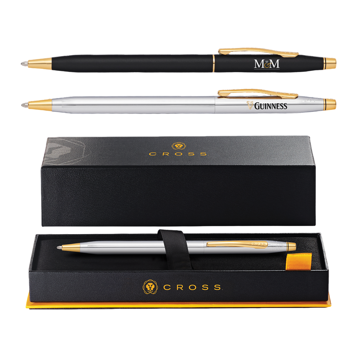 Cross® Classic Century Ballpoint Pen with 23kt Gold Plated Appointments, featuring a slim polished metal barrel with elegant 23kt gold-plated accents, twist-action ballpoint mechanism, medium black ink, and a premium gift box, ideal for executive writing, corporate gifts, and everyday professional use.