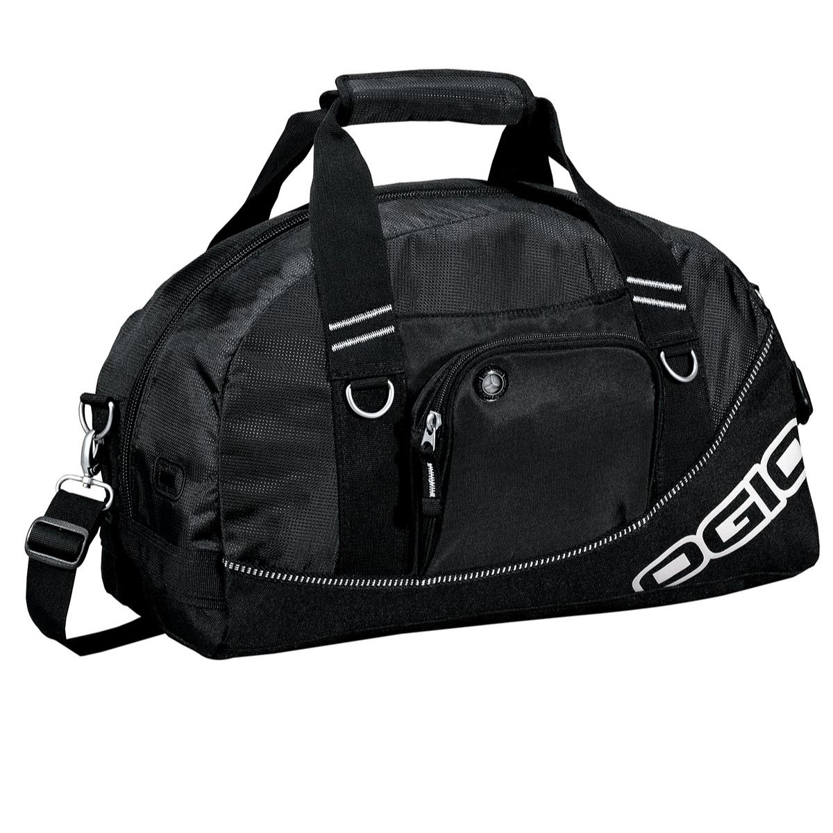 Black compact promotional duffel bag made from durable polyester with a roomy interior, front zippered media pocket with headphone exit port, front sleeve pocket, and adjustable shoulder strap.