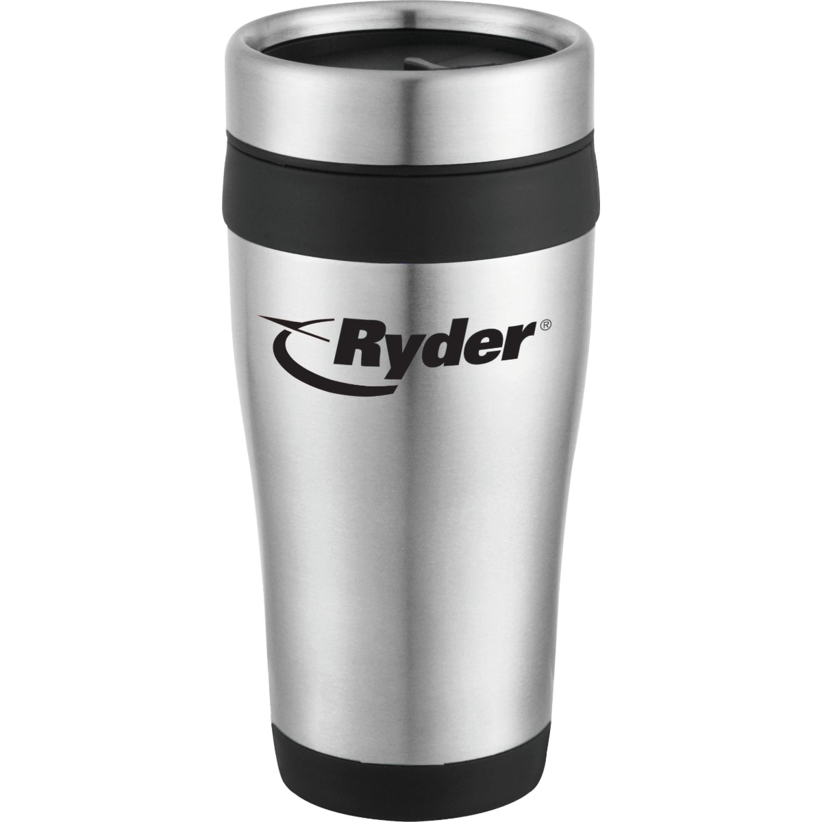 Black 16 oz insulated travel tumbler with double-wall construction and a stainless steel twist-on lid for hot or cold beverages.