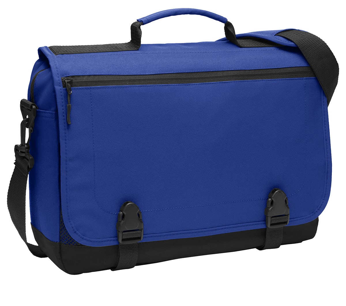 Twilight Blue messenger briefcase with a padded laptop compartment, front zippered pocket, dual buckle flap closure, and detachable shoulder strap.