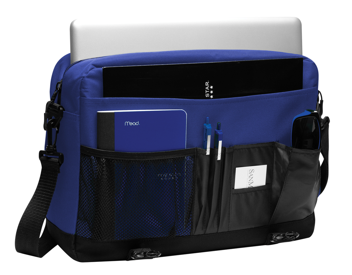 Twilight Blue messenger briefcase with a padded laptop compartment, front zippered pocket, dual buckle flap closure, and detachable shoulder strap.