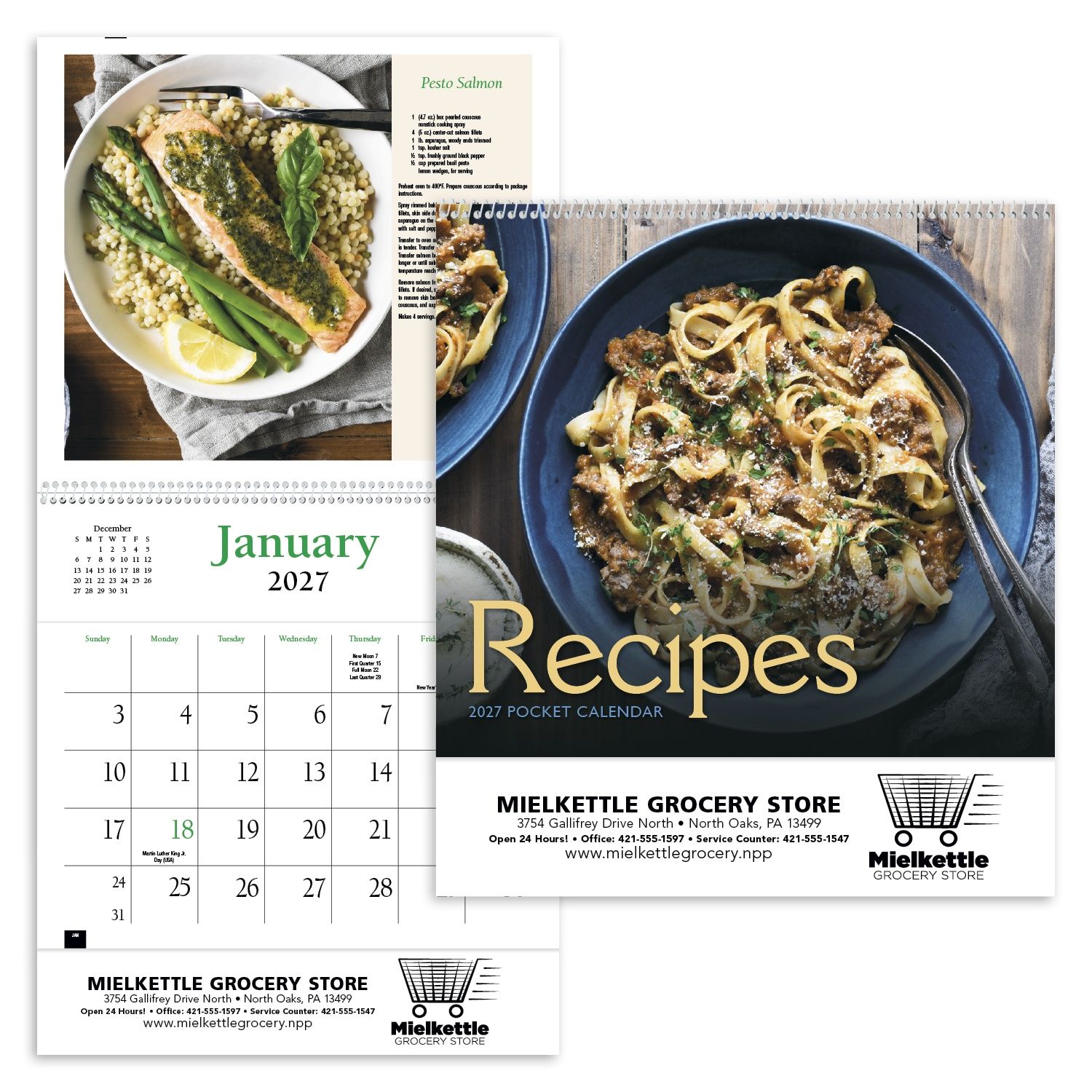 2027 recipe calendar featuring 12 delicious recipes, a monthly calendar layout, and a practical reverse-collated design for storing items throughout the year.