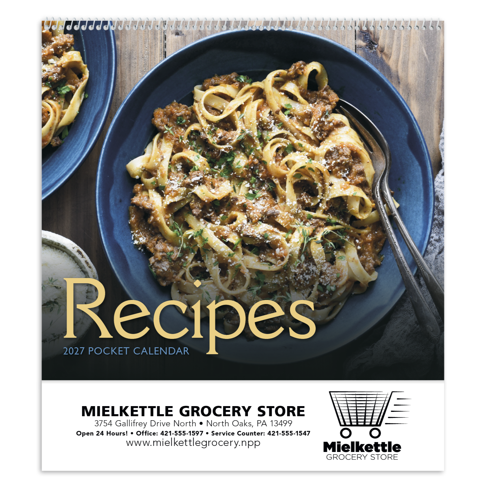 2027 recipe calendar featuring 12 delicious recipes, a monthly calendar layout, and a practical reverse-collated design for storing items throughout the year.