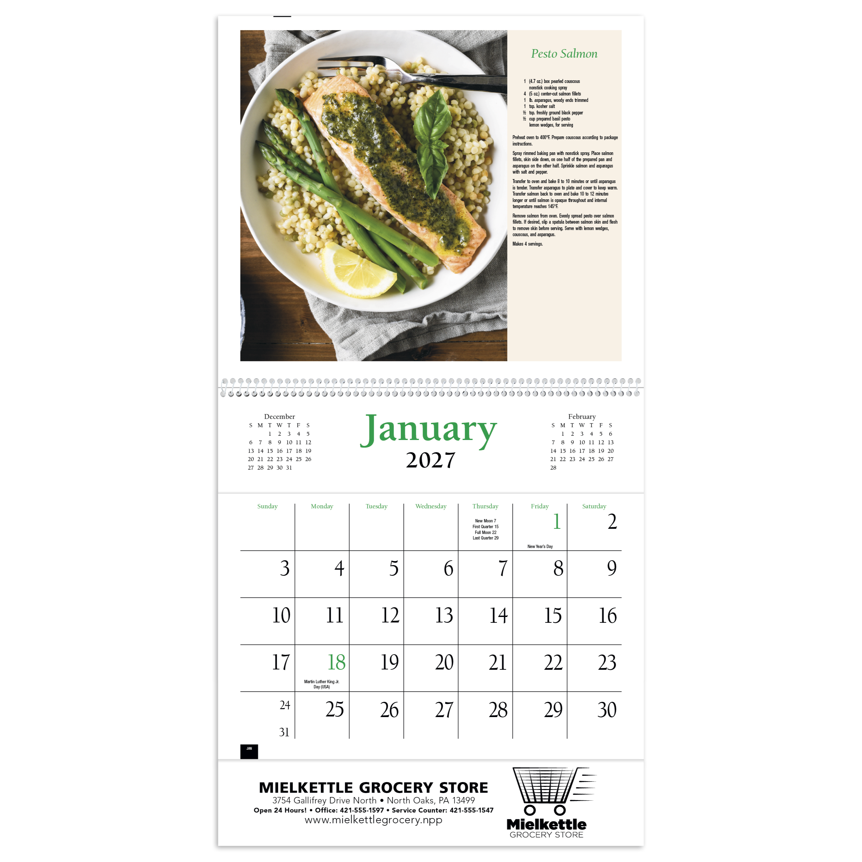 2027 recipe calendar featuring 12 delicious recipes, a monthly calendar layout, and a practical reverse-collated design for storing items throughout the year.