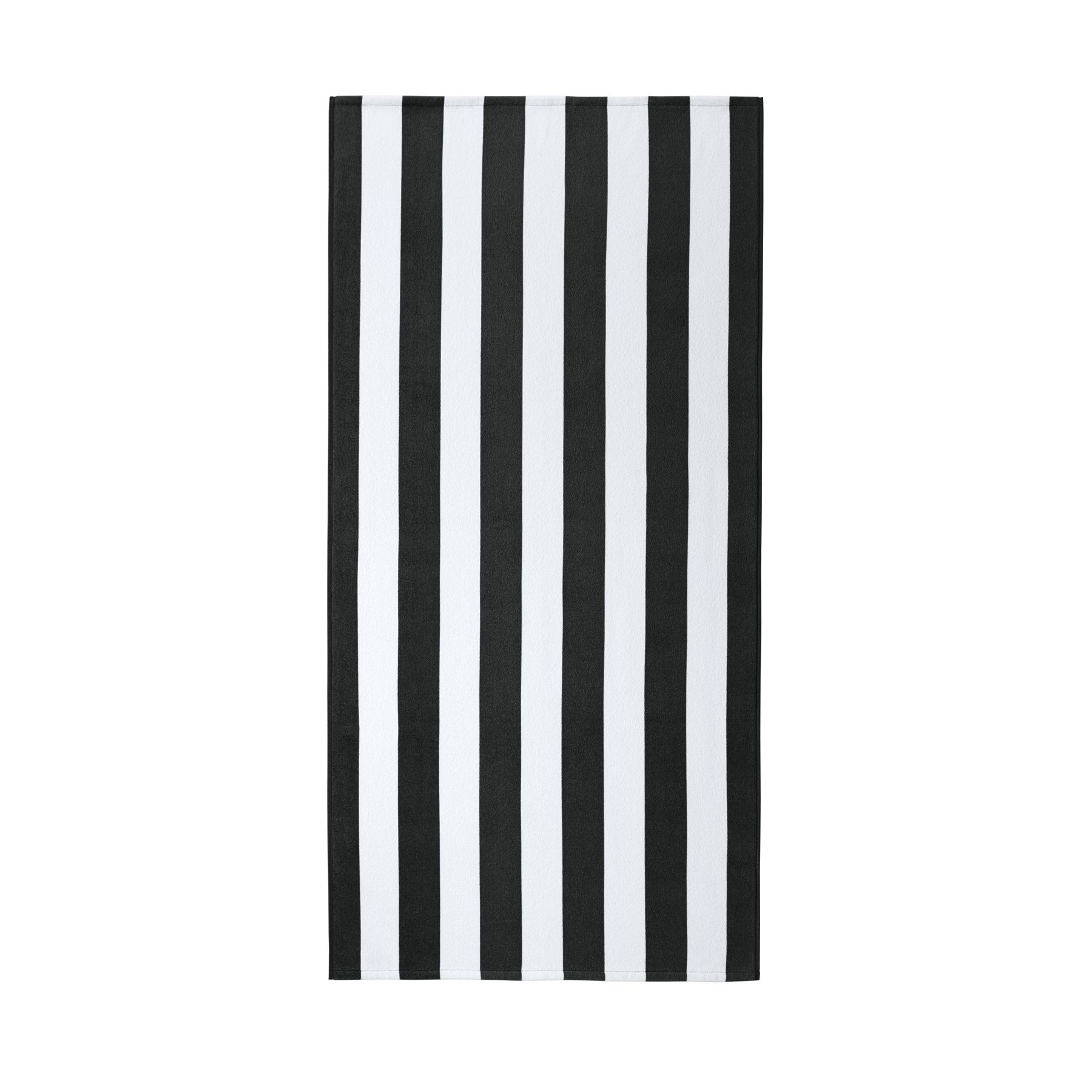 Black Port Authority Value Cabana Stripe Beach Towel a oversized cotton terry velour beach towel with bold cabana stripes, soft absorbent fabric, hemmed edges, and a large imprint area, ideal for the beach, pool, travel, resorts, and promotional giveaways.