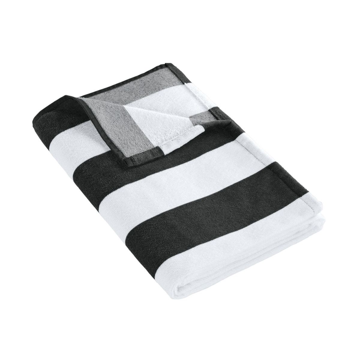 Black Port Authority Value Cabana Stripe Beach Towel a oversized cotton terry velour beach towel with bold cabana stripes, soft absorbent fabric, hemmed edges, and a large imprint area, ideal for the beach, pool, travel, resorts, and promotional giveaways.