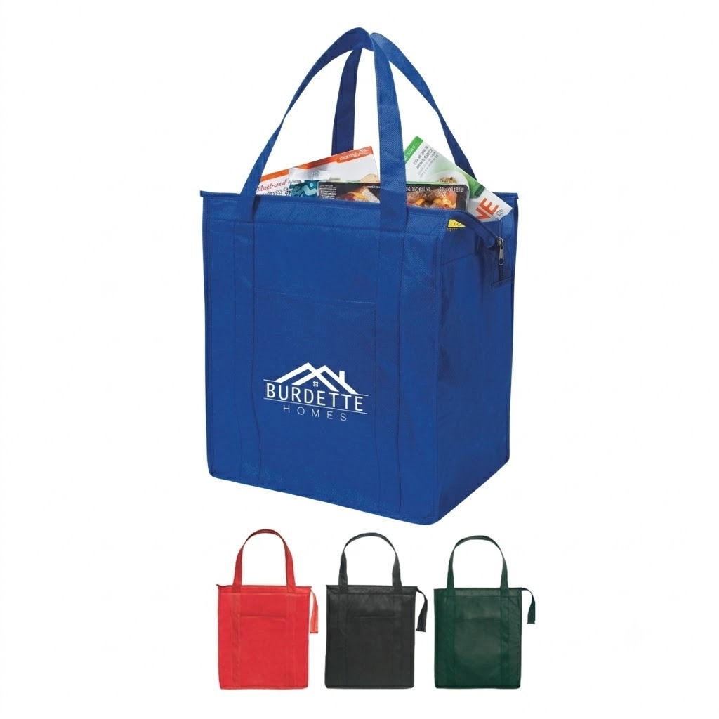 Insulated Zippered Tote Bag - 13" x 15" in royal blue with silkscreen logo