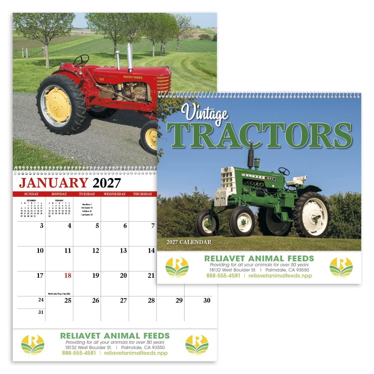 Vintage tractor wall calendar featuring restored classic tractors and nostalgic agricultural scenes.