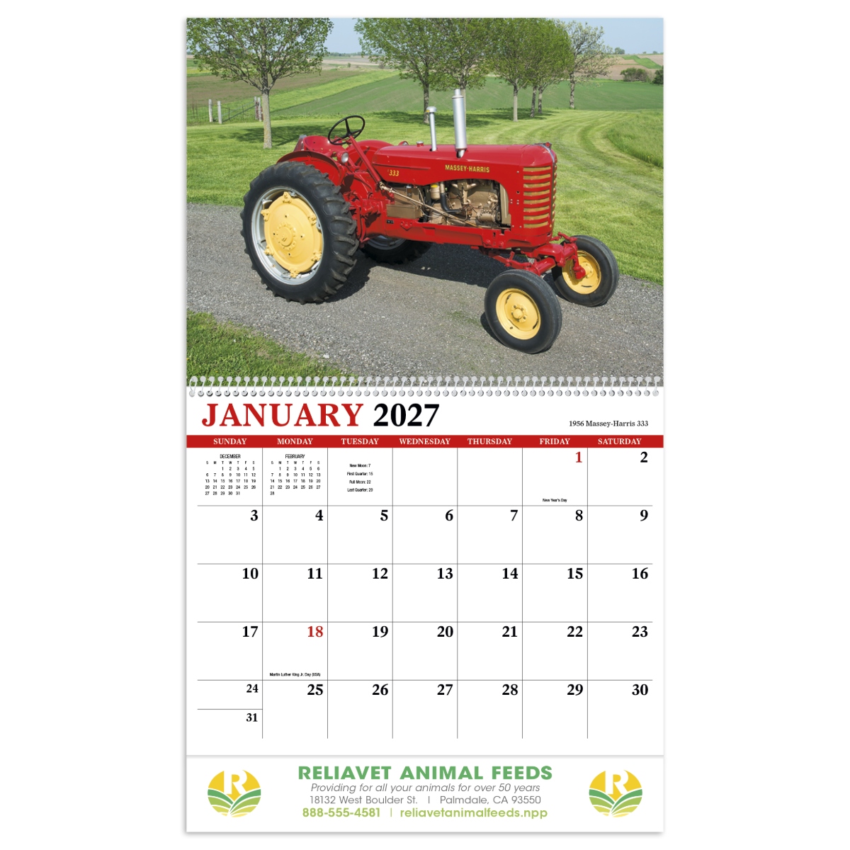 Vintage tractor wall calendar featuring restored classic tractors and nostalgic agricultural scenes.