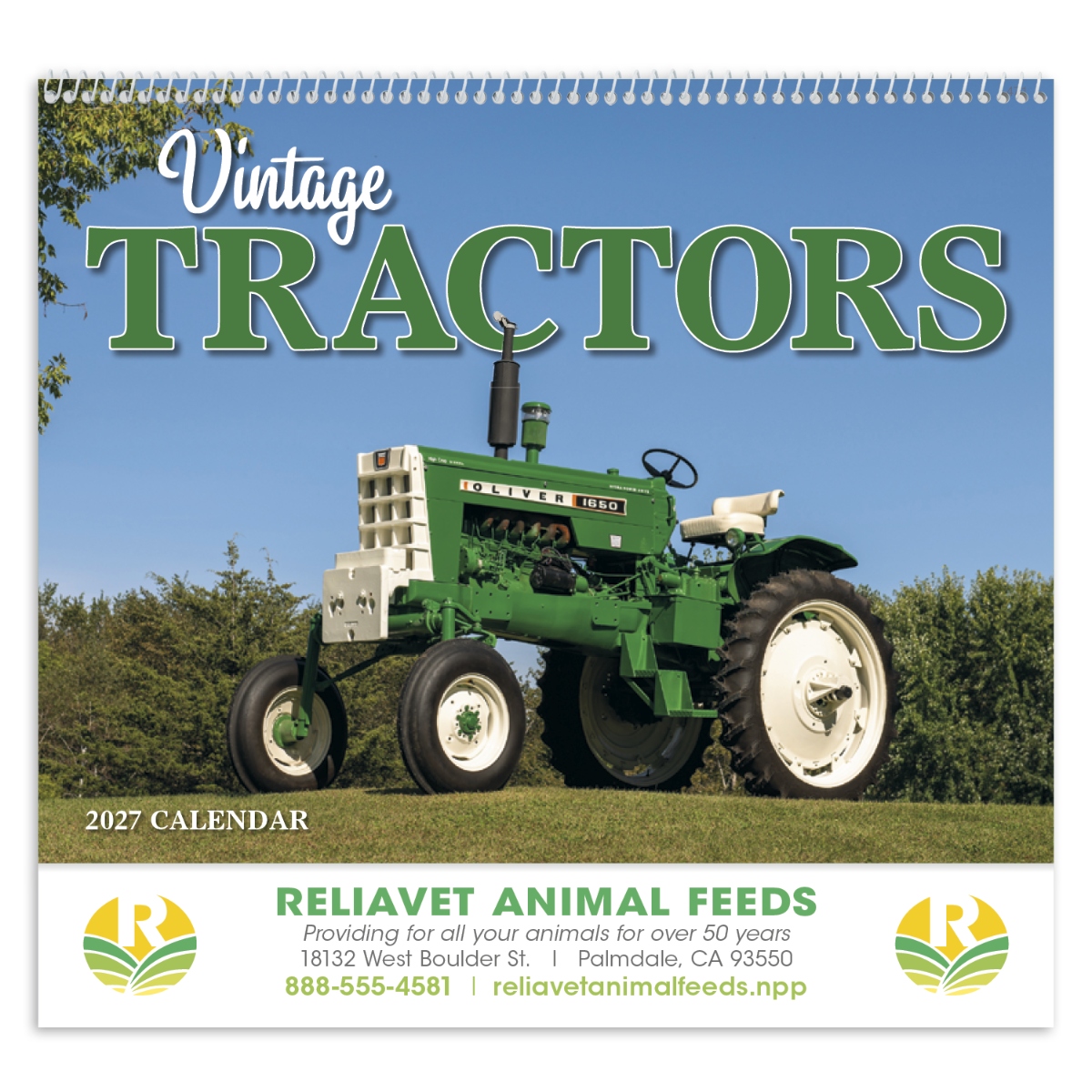 Vintage tractor wall calendar featuring restored classic tractors and nostalgic agricultural scenes.