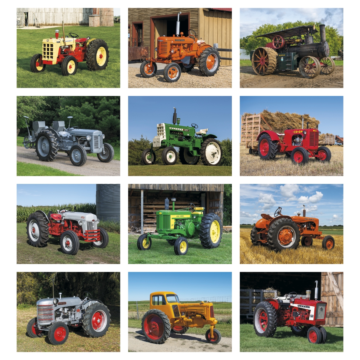 Vintage tractor wall calendar featuring restored classic tractors and nostalgic agricultural scenes.