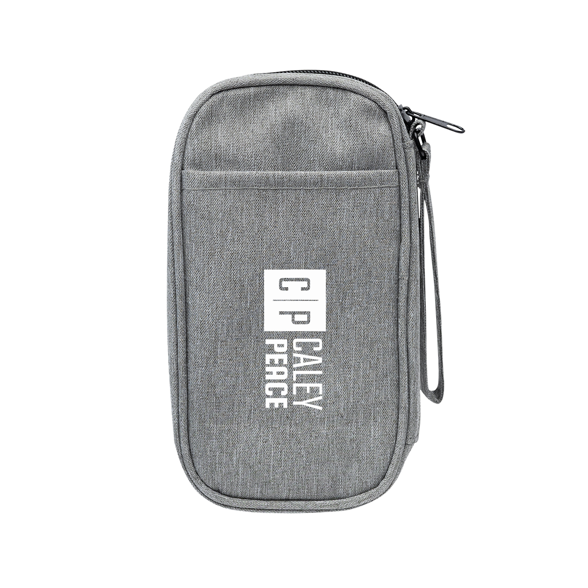 Heathered Gray Tandem Tech rPET Travel Organizer an eco-friendly travel organizer made from recycled rPET fabric with two zippered compartments, multiple interior pockets, a front slip pocket for a smartphone, and a wrist strap for organizing cables, chargers, travel essentials, and tech accessories.