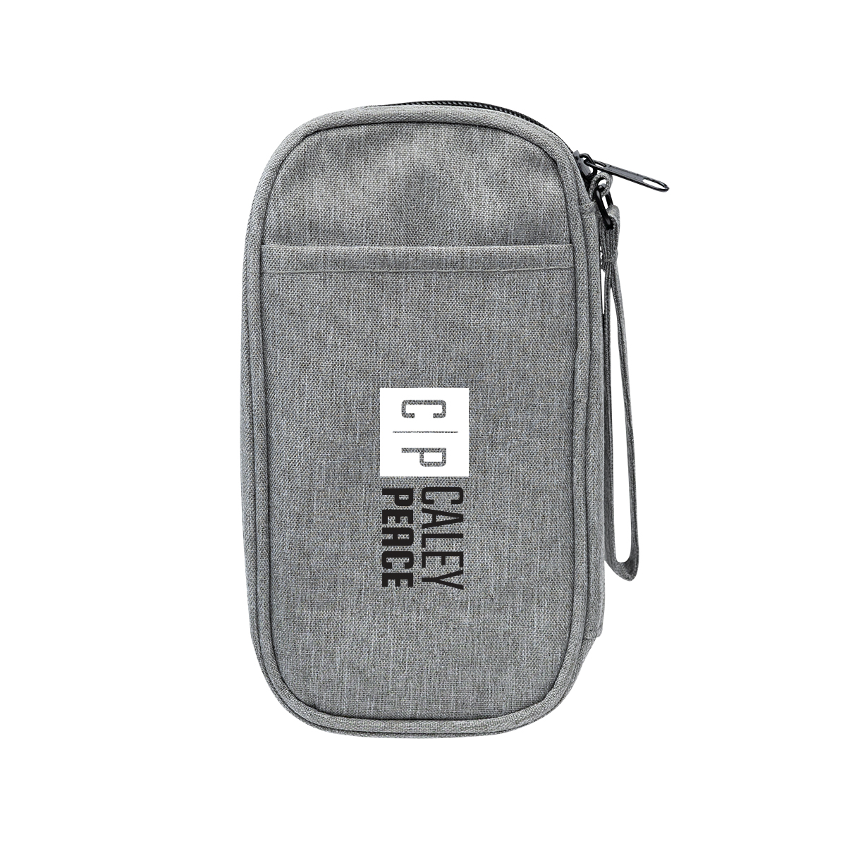 Heathered Gray Tandem Tech rPET Travel Organizer an eco-friendly travel organizer made from recycled rPET fabric with two zippered compartments, multiple interior pockets, a front slip pocket for a smartphone, and a wrist strap for organizing cables, chargers, travel essentials, and tech accessories.