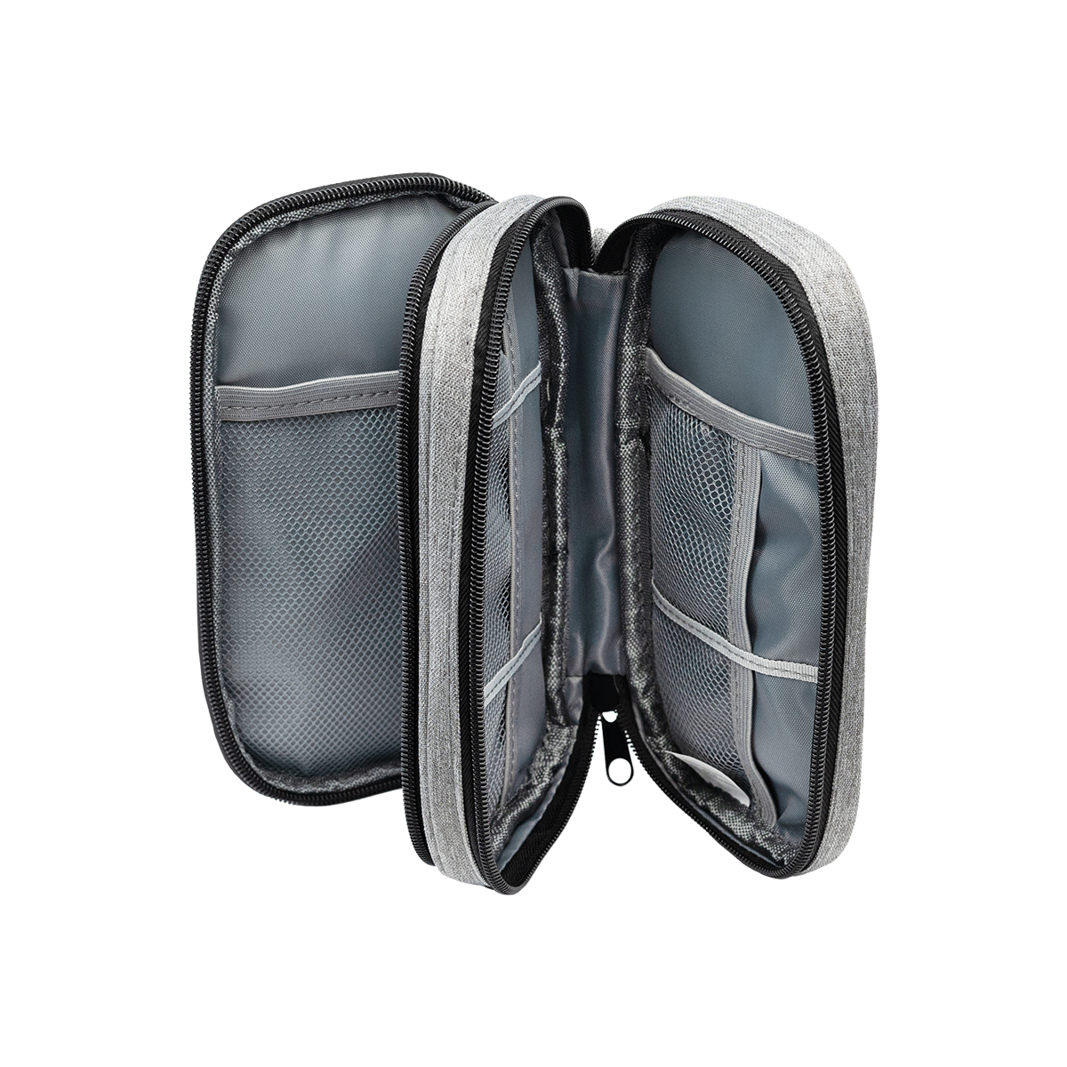 Heathered Gray Tandem Tech rPET Travel Organizer an eco-friendly travel organizer made from recycled rPET fabric with two zippered compartments, multiple interior pockets, a front slip pocket for a smartphone, and a wrist strap for organizing cables, chargers, travel essentials, and tech accessories.