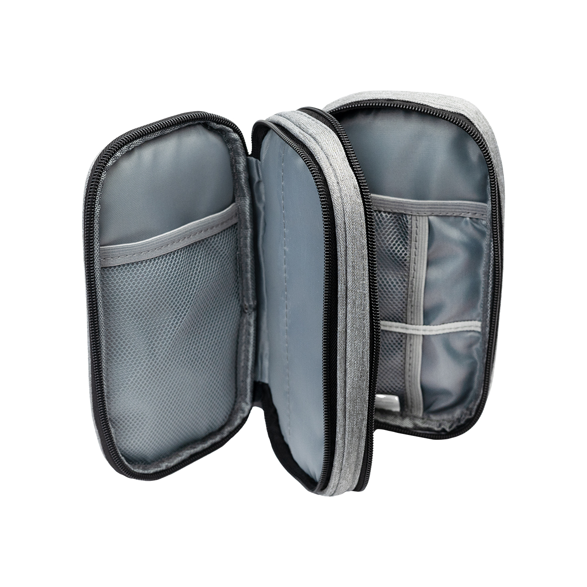 Heathered Gray Tandem Tech rPET Travel Organizer an eco-friendly travel organizer made from recycled rPET fabric with two zippered compartments, multiple interior pockets, a front slip pocket for a smartphone, and a wrist strap for organizing cables, chargers, travel essentials, and tech accessories.