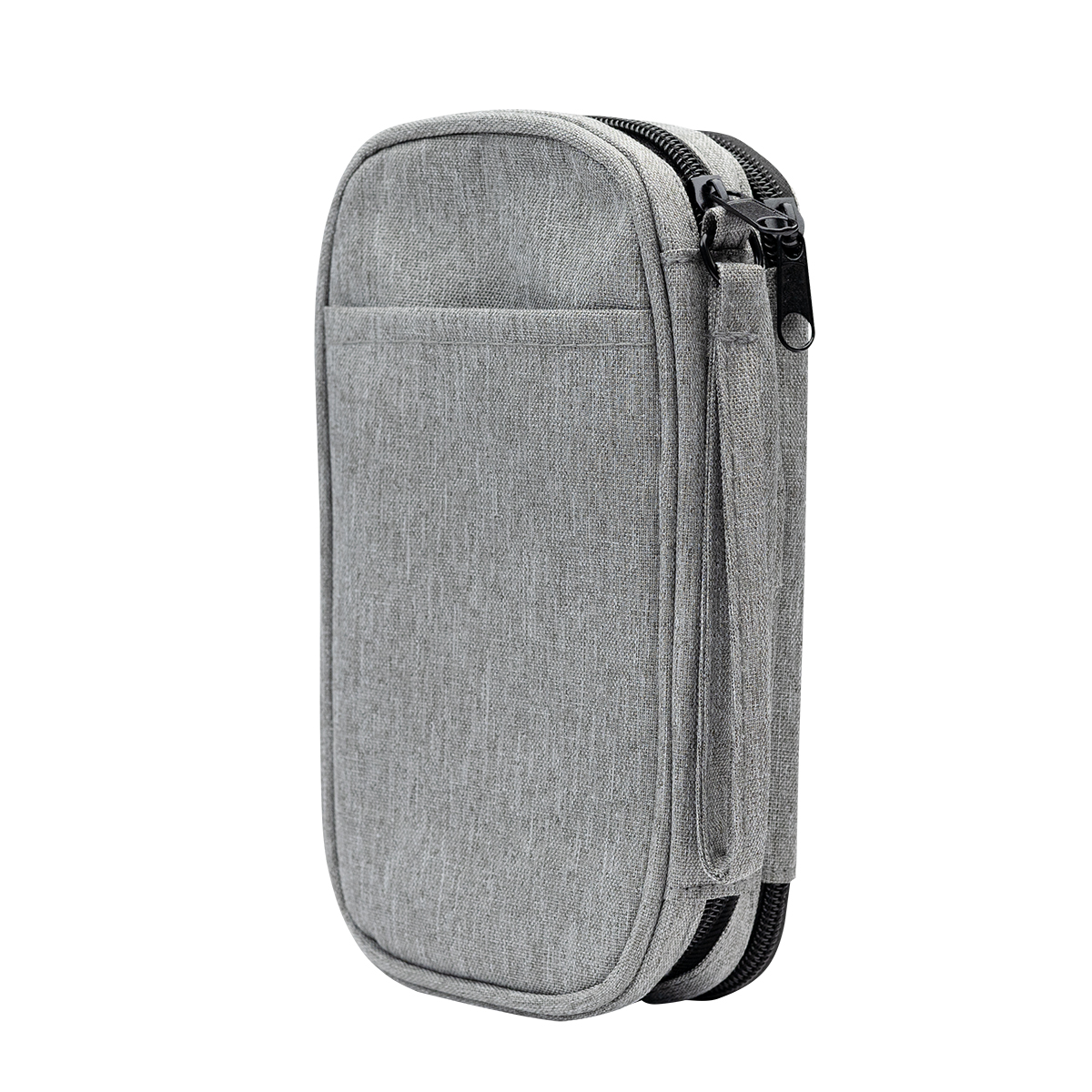 Heathered Gray Tandem Tech rPET Travel Organizer an eco-friendly travel organizer made from recycled rPET fabric with two zippered compartments, multiple interior pockets, a front slip pocket for a smartphone, and a wrist strap for organizing cables, chargers, travel essentials, and tech accessories.