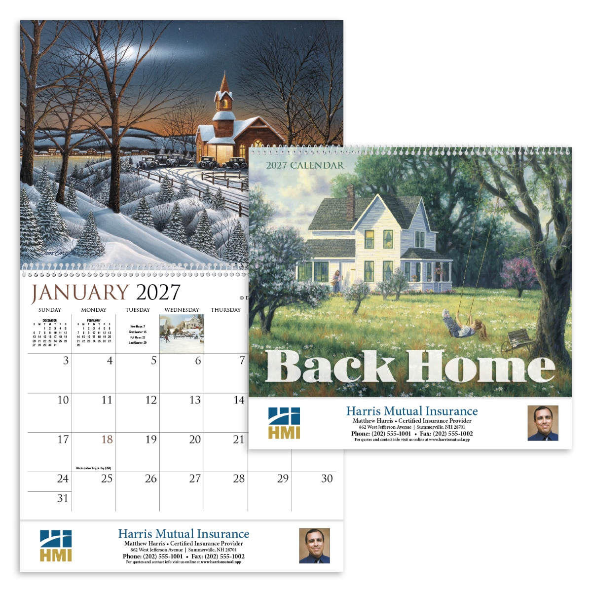 Artistic wall calendar featuring charming scenes of city life, countryside landscapes, and tranquil rural views.