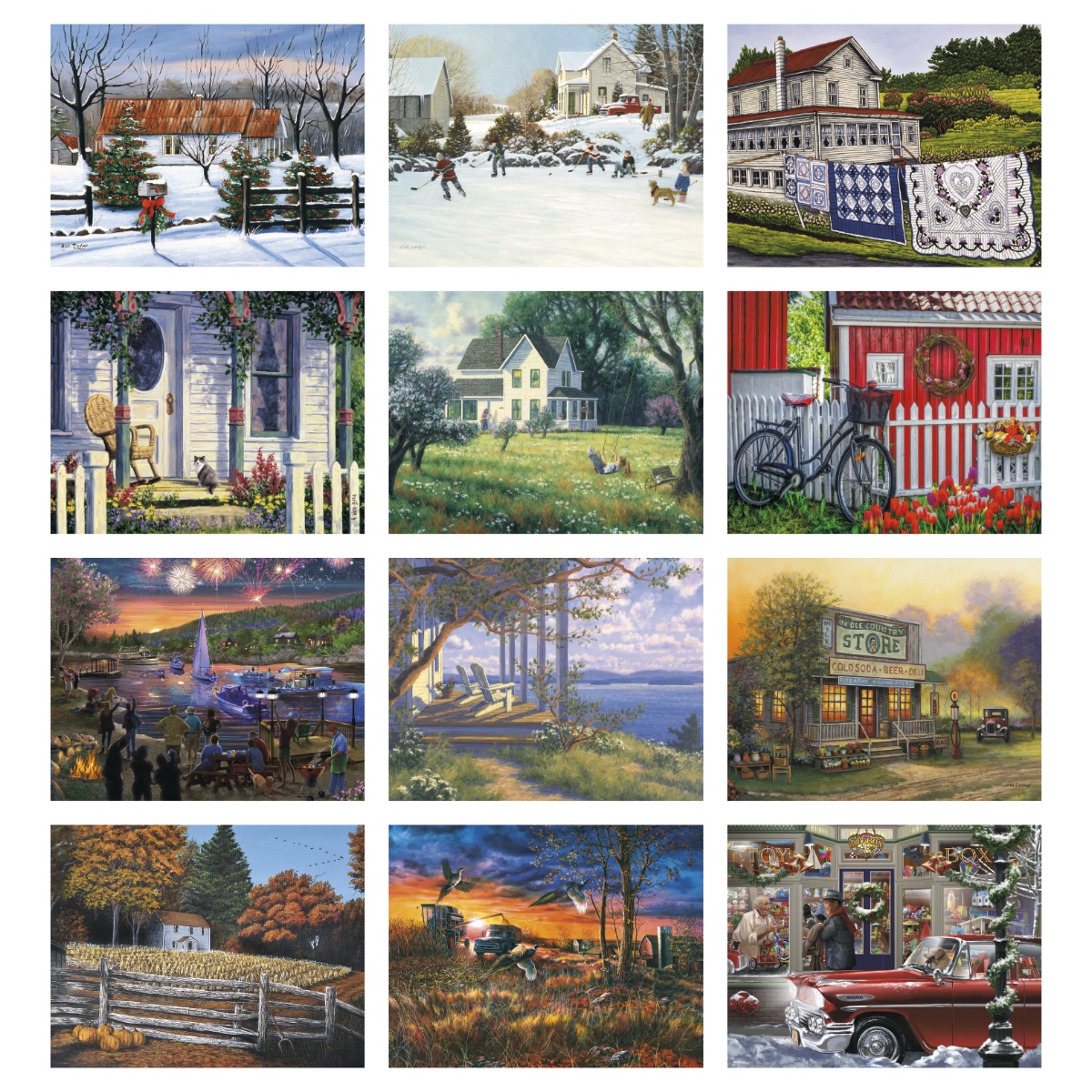Artistic wall calendar featuring charming scenes of city life, countryside landscapes, and tranquil rural views.