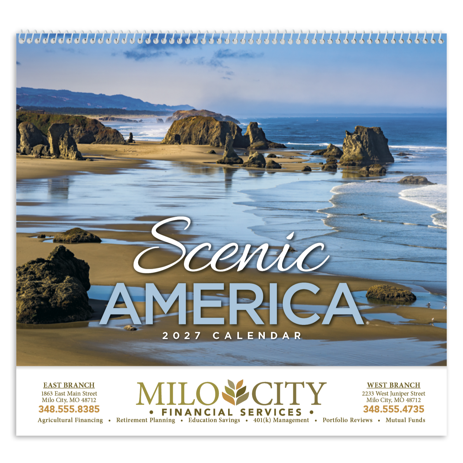 2027 Scenic America spiral appointment calendar featuring breathtaking landscapes from across the United States with a gloss UV-coated cover and spiral binding.