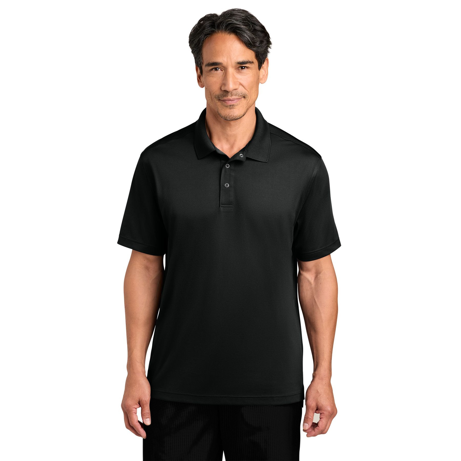 Black performance work polo with anti-curl collar, stainless steel gripper snaps, short sleeves, and moisture-wicking polyester construction.