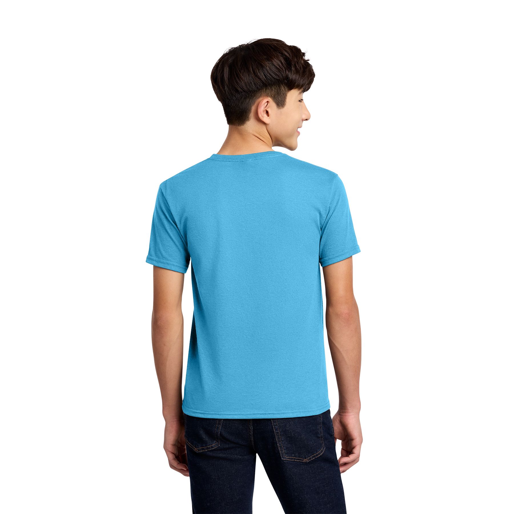 Aquatic Blue Moisture-wicking cotton blend shirt with rib collar, double-needle stitching, and comfortable everyday fit.
