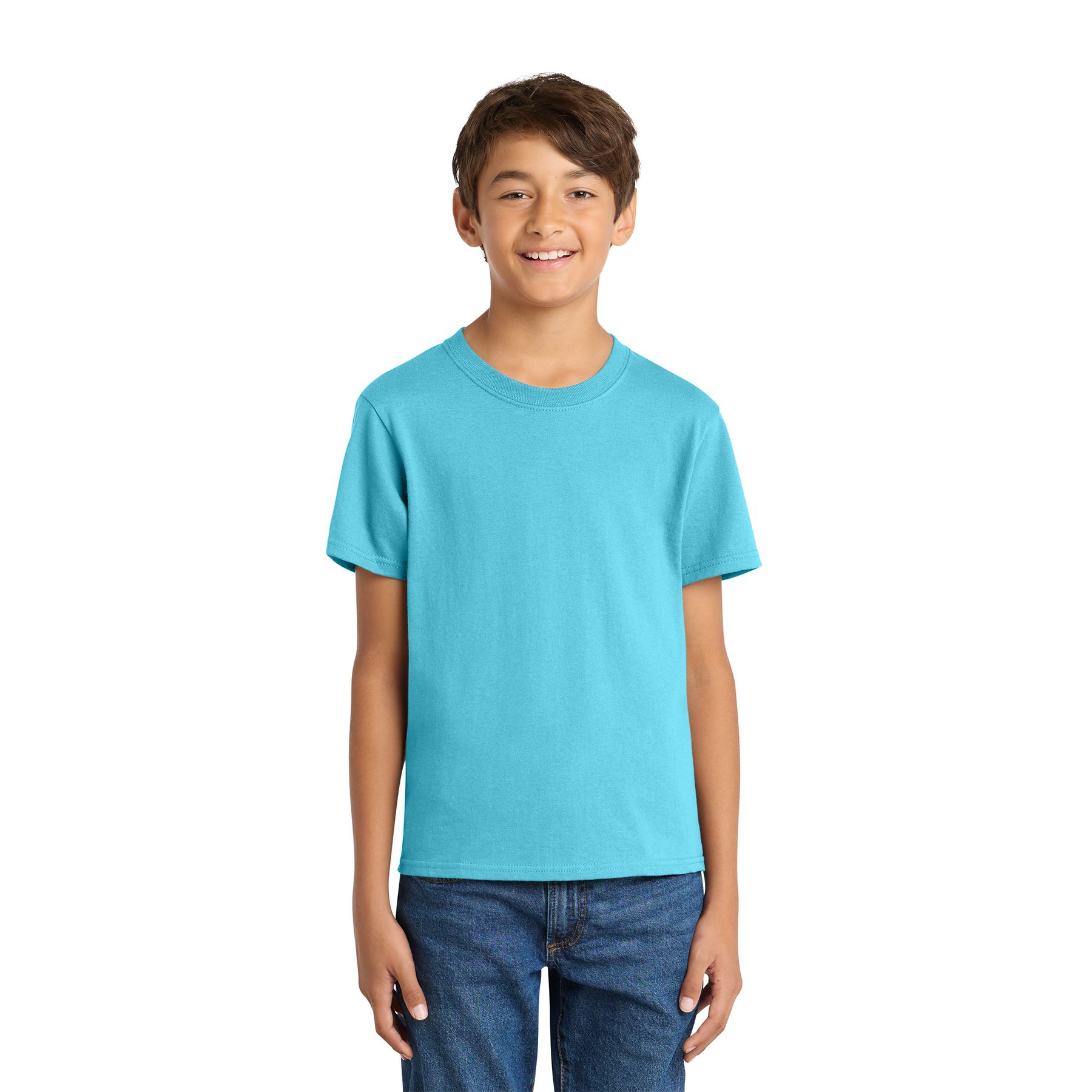 Aquatic Blue Port & Company Youth Core Cotton Tee a classic youth short-sleeve crewneck T-shirt made from soft 100% cotton jersey, featuring a rib knit collar, shoulder-to-shoulder taping, double-needle sleeves and hem, and a tear-away label for school, team events, everyday wear, and custom decoration.