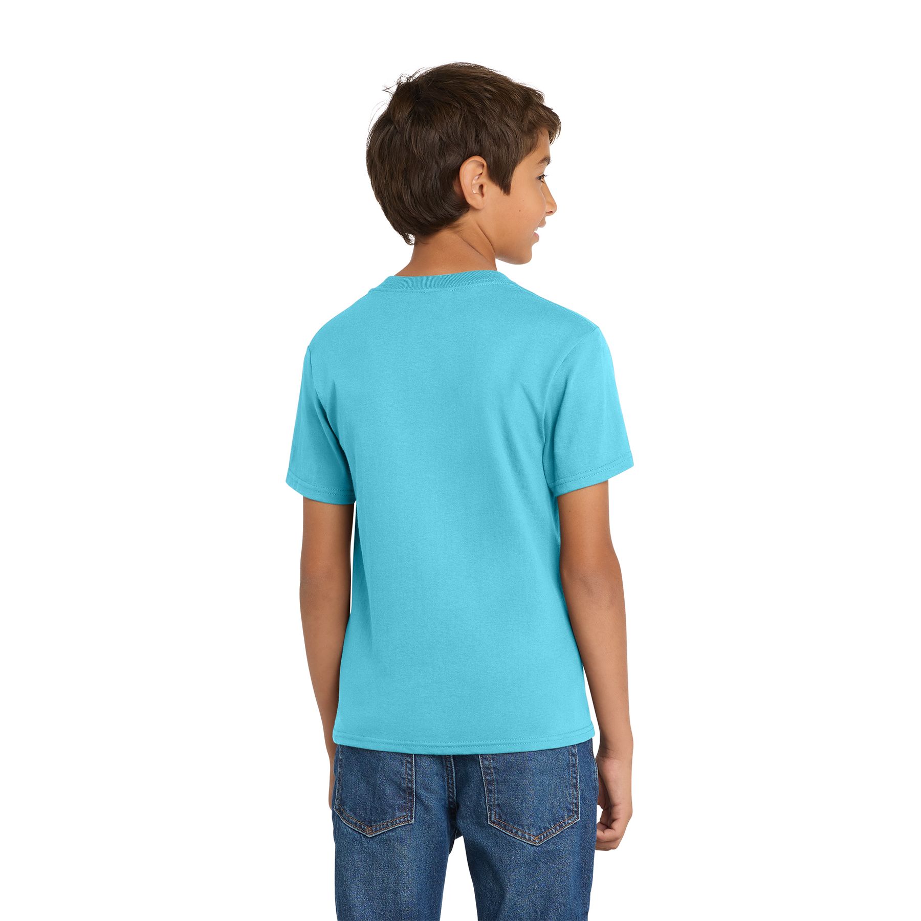 Aquatic Blue Port & Company Youth Core Cotton Tee a classic youth short-sleeve crewneck T-shirt made from soft 100% cotton jersey, featuring a rib knit collar, shoulder-to-shoulder taping, double-needle sleeves and hem, and a tear-away label for school, team events, everyday wear, and custom decoration.