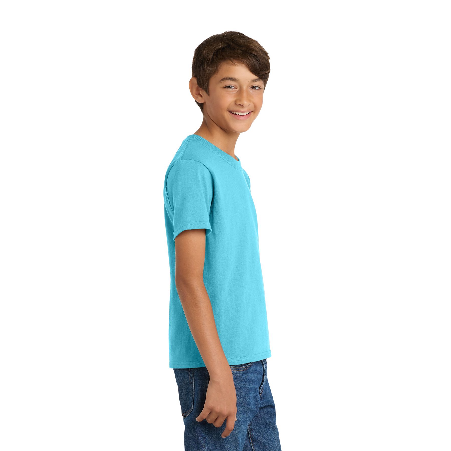 Aquatic Blue Port & Company Youth Core Cotton Tee a classic youth short-sleeve crewneck T-shirt made from soft 100% cotton jersey, featuring a rib knit collar, shoulder-to-shoulder taping, double-needle sleeves and hem, and a tear-away label for school, team events, everyday wear, and custom decoration.