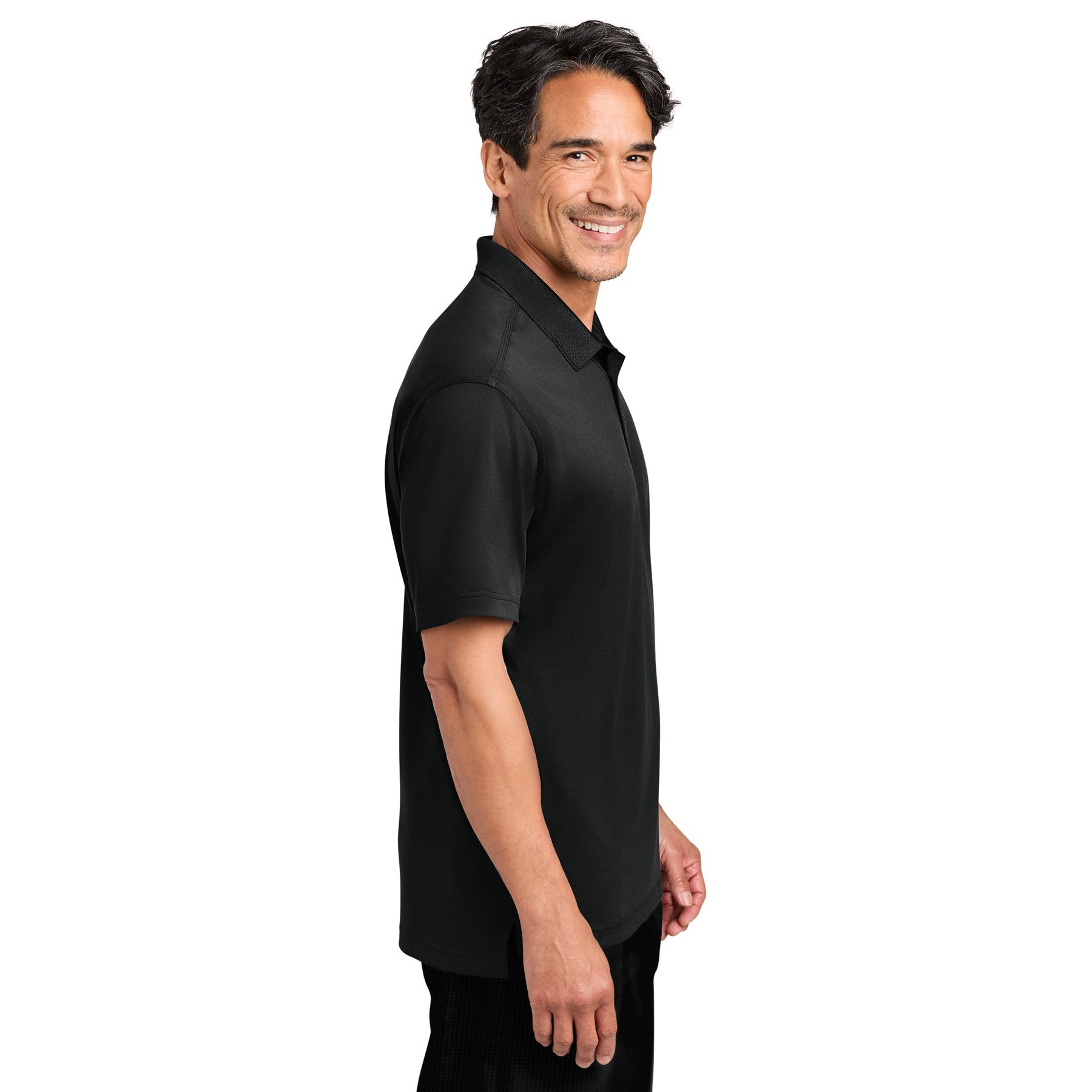 Black performance work polo with anti-curl collar, stainless steel gripper snaps, short sleeves, and moisture-wicking polyester construction.