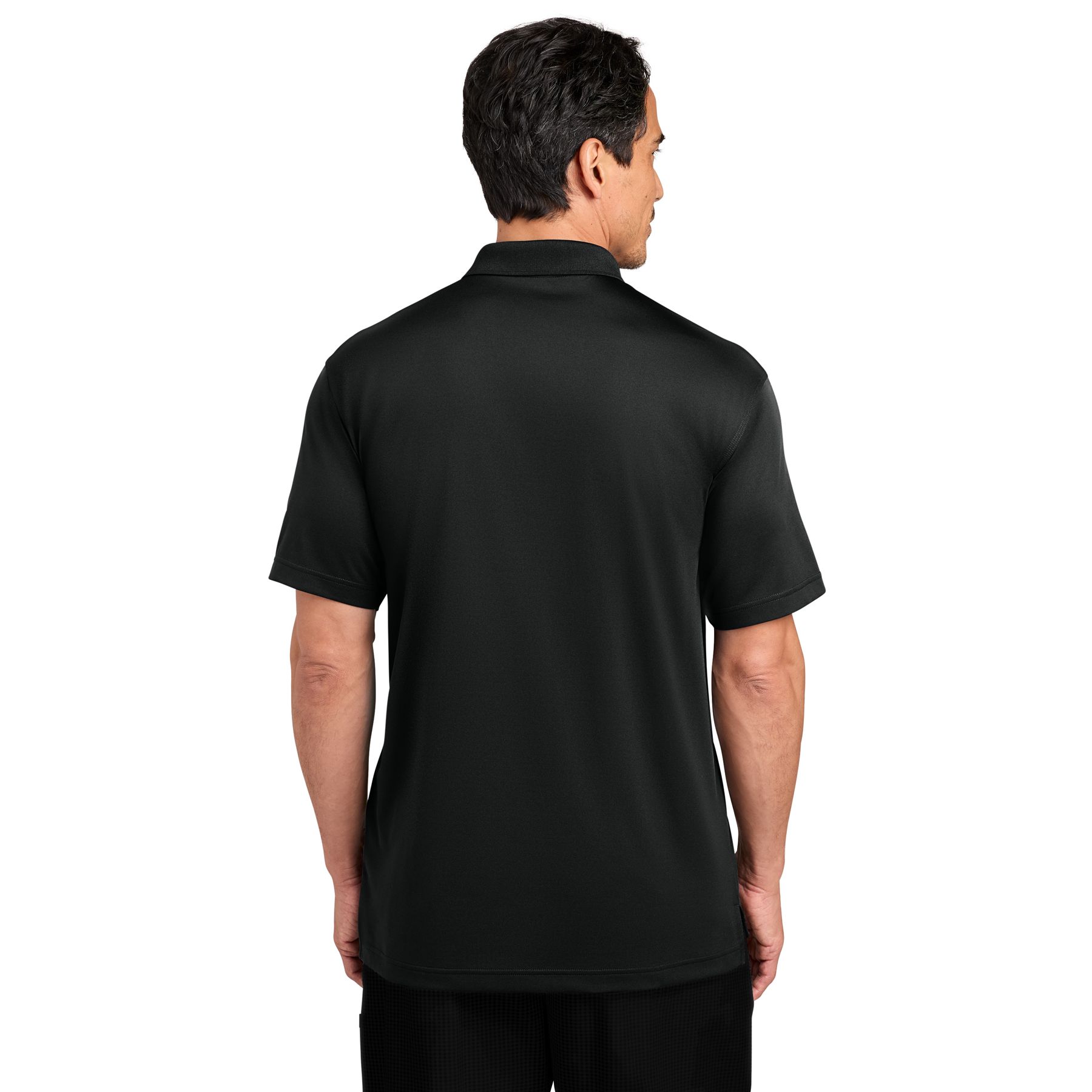 Black performance work polo with anti-curl collar, stainless steel gripper snaps, short sleeves, and moisture-wicking polyester construction.