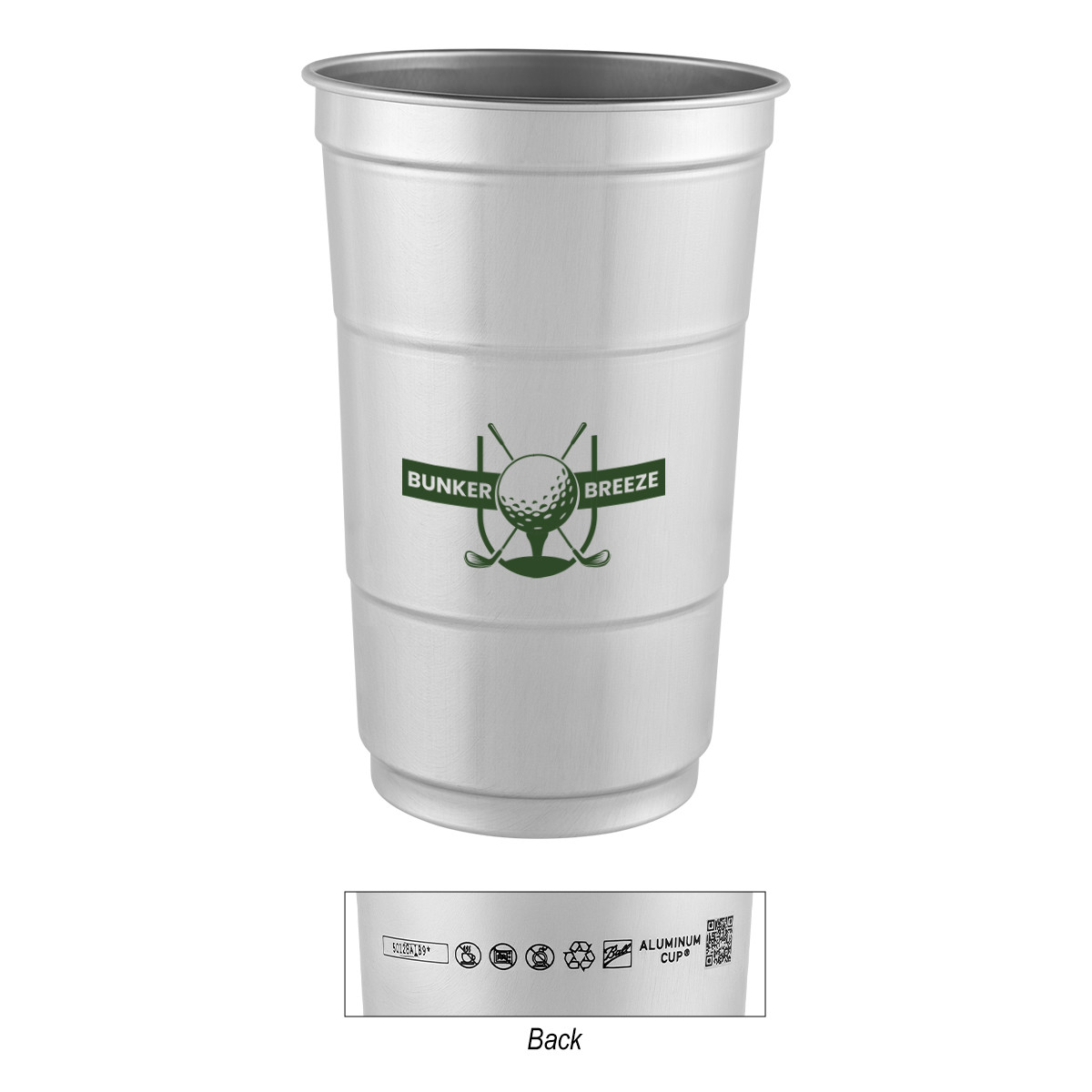24 oz reusable aluminum cup made from 90% recycled material, lightweight, stackable, and proudly made in the USA.