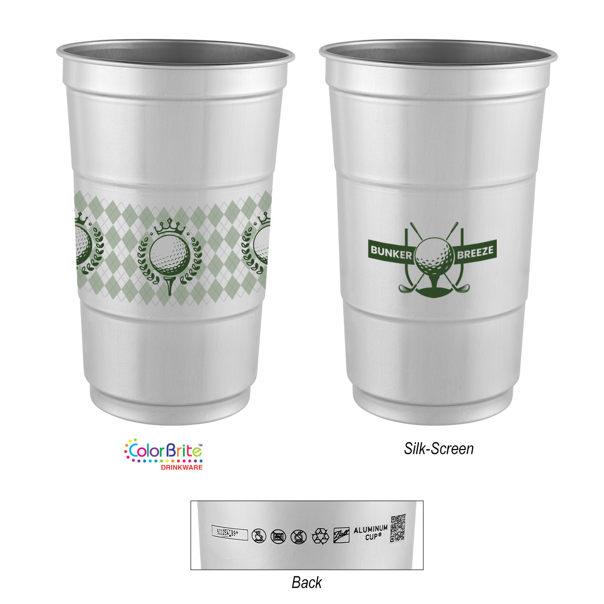 24 oz reusable aluminum cup made from 90% recycled material, lightweight, stackable, and proudly made in the USA.