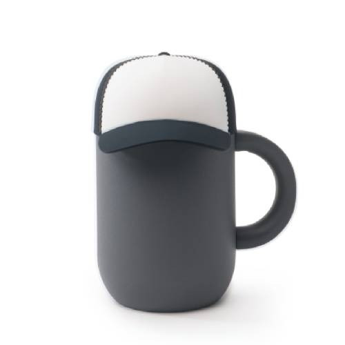 Black ASOBU® Happy Hat Mug with Cap Shaped Lid – 12 oz., double-wall vacuum-insulated stainless steel mug with a ceramic-coated interior, ergonomic handle, spill-resistant lid, and a playful baseball cap-shaped lid that helps keep beverages hot or cold for hours, ideal for coffee, tea, and everyday use.