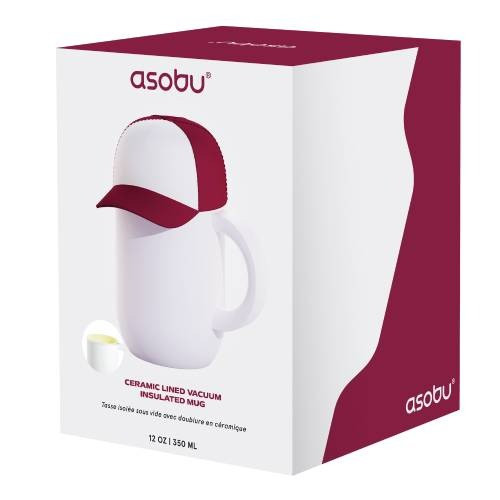 Gift Box of Red ASOBU® Happy Hat Mug with Cap Shaped Lid – 12 oz., double-wall vacuum-insulated stainless steel mug with a ceramic-coated interior, ergonomic handle, spill-resistant lid, and a playful baseball cap-shaped lid that helps keep beverages hot or cold for hours, ideal for coffee, tea, and everyday use.