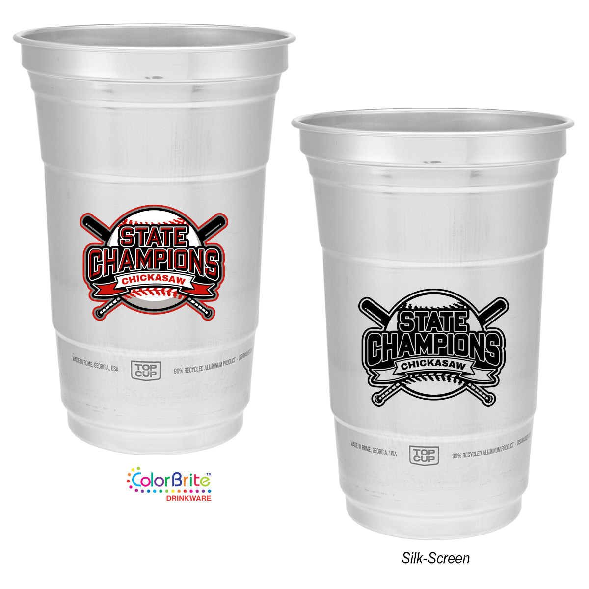 Silver recycled aluminum reusable beverage cup with a smooth metallic finish, stackable design, and durable lightweight construction.