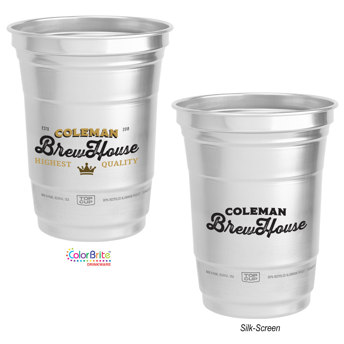 Silver recycled aluminum reusable beverage cup with a smooth metallic finish, lightweight stackable design, and BPA-free construction.