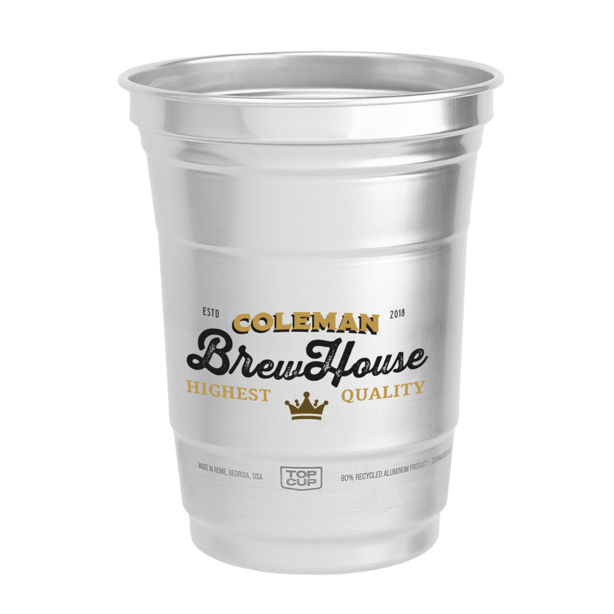 Silver recycled aluminum reusable beverage cup with a smooth metallic finish, lightweight stackable design, and BPA-free construction.